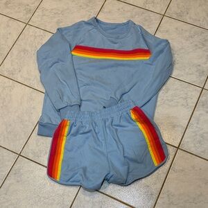 Blue Sweatshirt and Shorts Set with Rainbow Stripes
